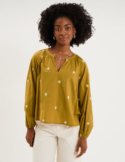 Blouse brod&eacute;e col tunisien coton vert olive femme
