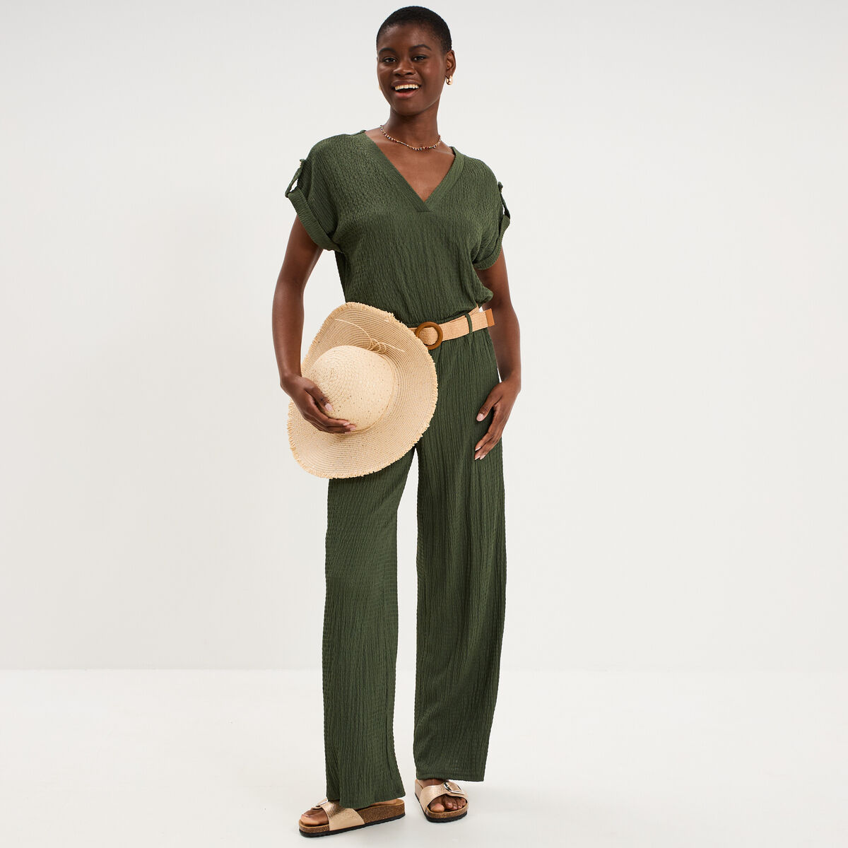 Pantalon fluide large avec ceinture vert kaki femme