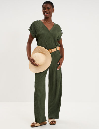 Pantalon fluide large avec ceinture vert kaki femme
