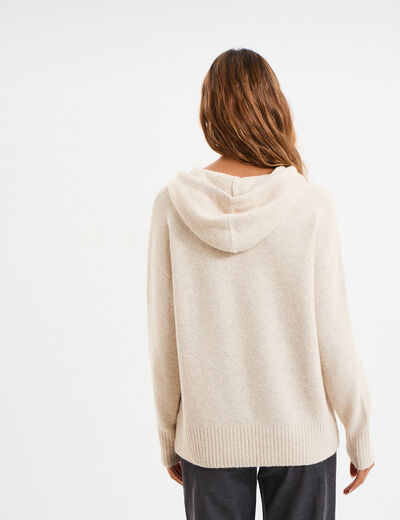 Pull &agrave; capuche manches longues ecru femme
