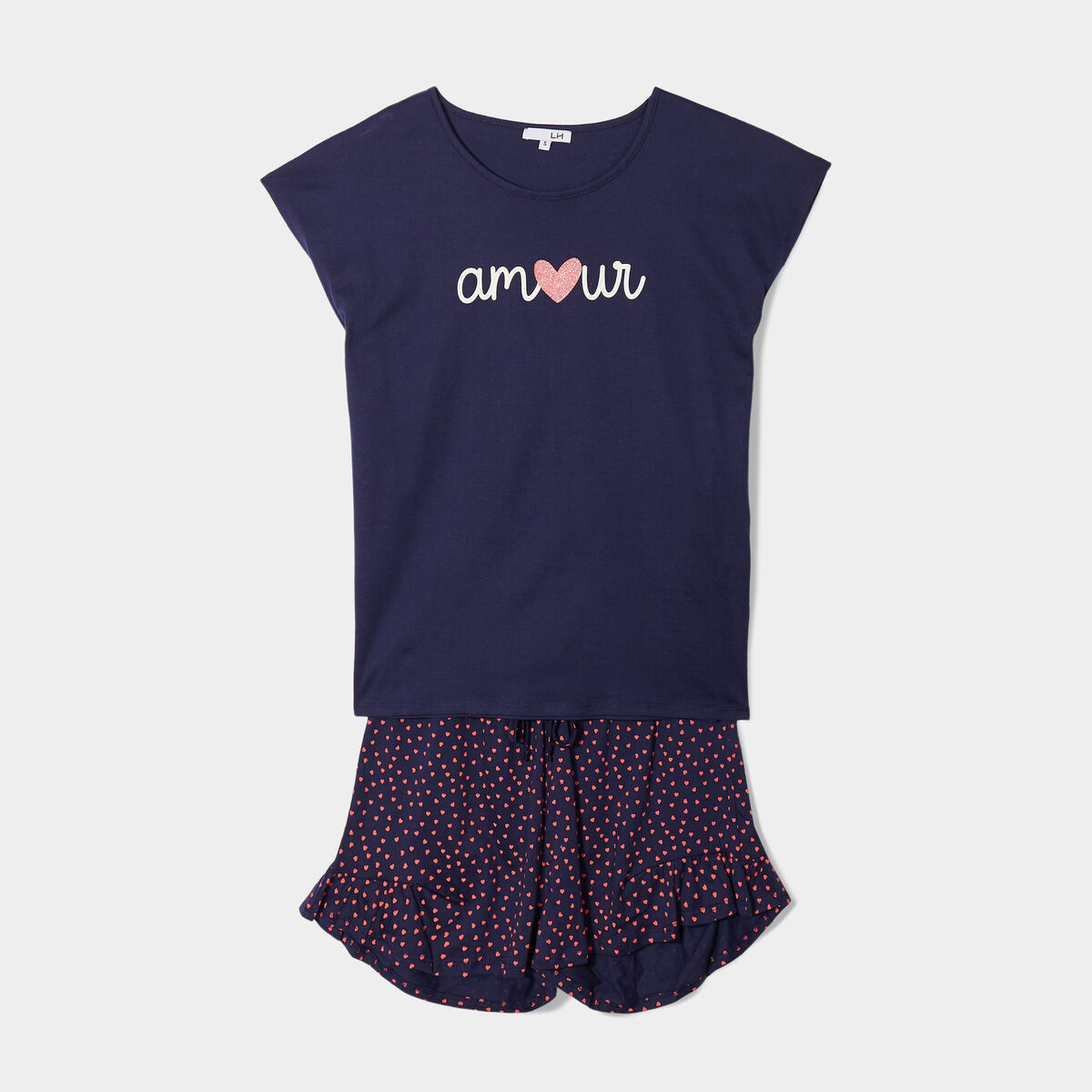Ensemble pyjama short 2 pièces coton bleu marine femme