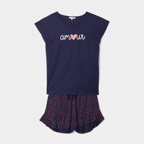 Ensemble pyjama short 2 pièces coton bleu marine femme