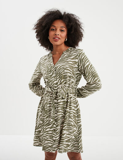 Robe courte ceinturée col tusinien vert kaki femme