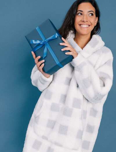 Poncho plaid effet polaire à capuche ecru femme