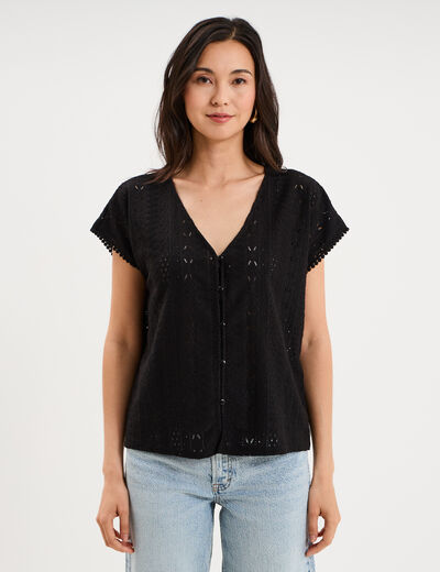 T-shirt broderie anglaise col en V noir femme