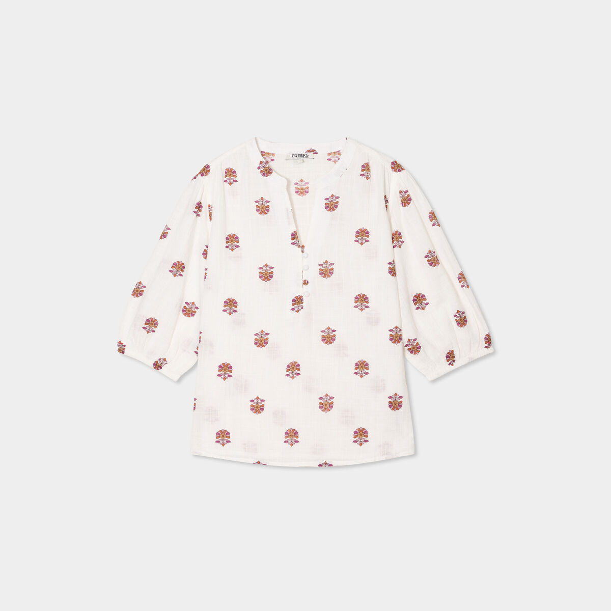 Blouse col tunisien manches 3/4 coton blanc femme