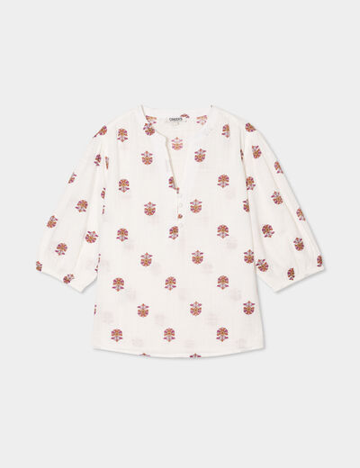 Blouse col tunisien manches 3/4 coton blanc femme