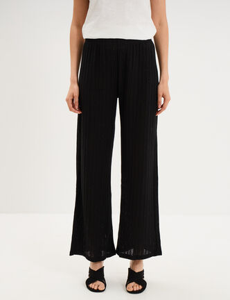 Pantalon large effet crochet &eacute;lastiqu&eacute; noir femme