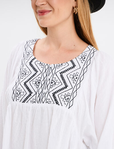 Blouse brodée manches ballons blanc femme