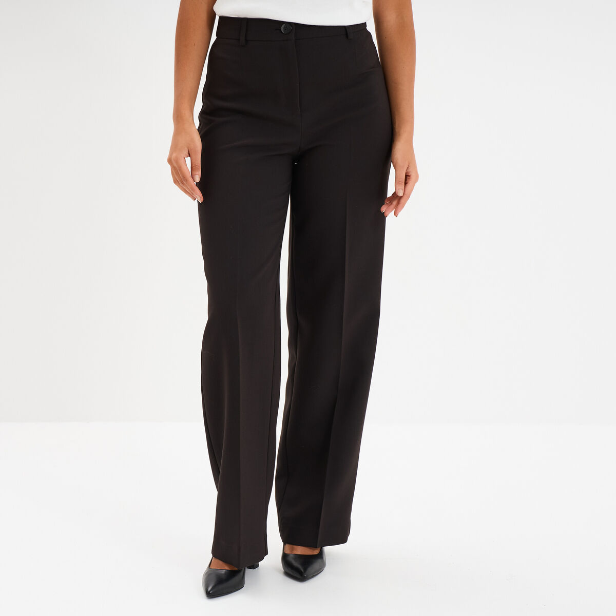 Pantalon taille haute droit avec pinces noir femme