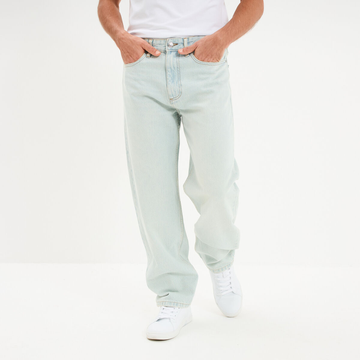 Jean relaxed 5 poches coton denim bleach homme
