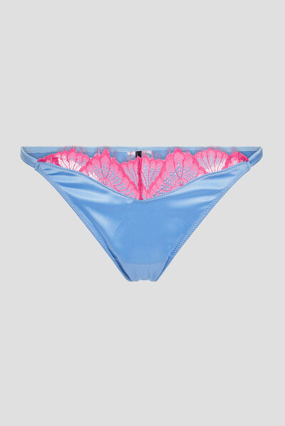 Tanga satin avec dentelle bleu lavande femme