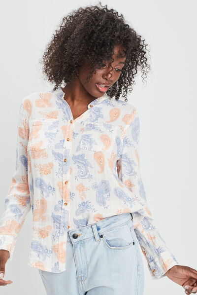 Chemise manches longues col mao ecru femme