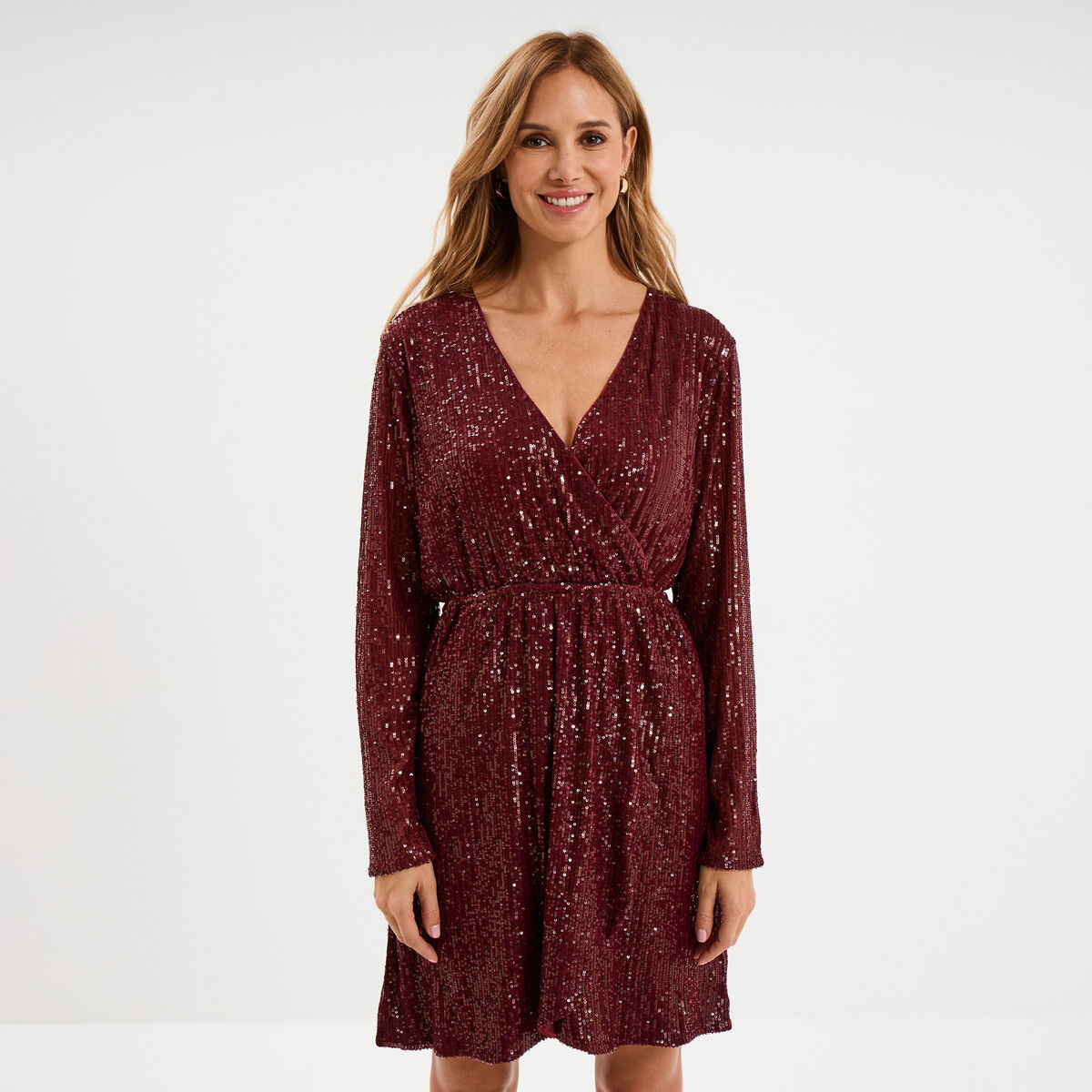 Robe &agrave; sequins manches longues rouge fonc&eacute; femme