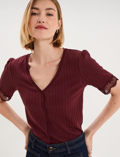 T-shirt c&ocirc;tel&eacute; avec dentelle et boutons violet fonc&eacute; femme