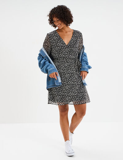 Robe manches longues col cache-coeur noir femme