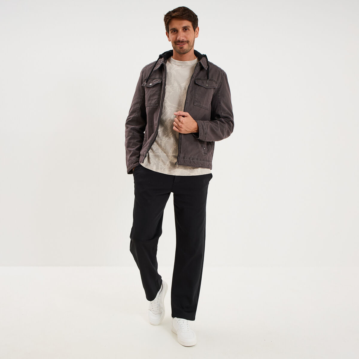 Veste doubl&eacute;e capuche amovible en coton gris fonc&eacute; homme