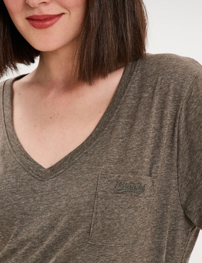 T-shirt col en V manches courtes vert kaki femme