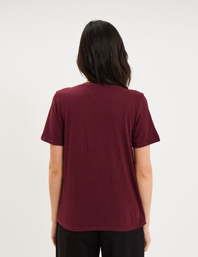 T-shirt col en V manches courtes violet fonc&eacute; femme
