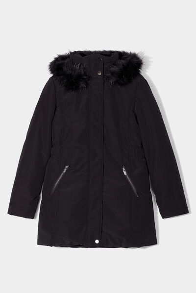 Parka mi-longue à capuche fourrure noir femme