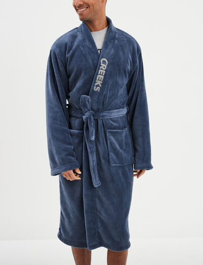 Peignoir effet velours ceintur&eacute; bleu marine homme