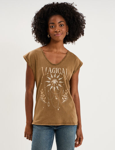 T-shirt coton col en V manches courtes beige femme