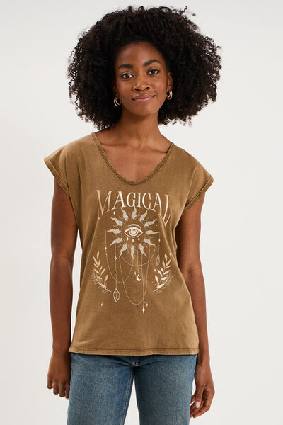 T-shirt coton col en V manches courtes beige femme
