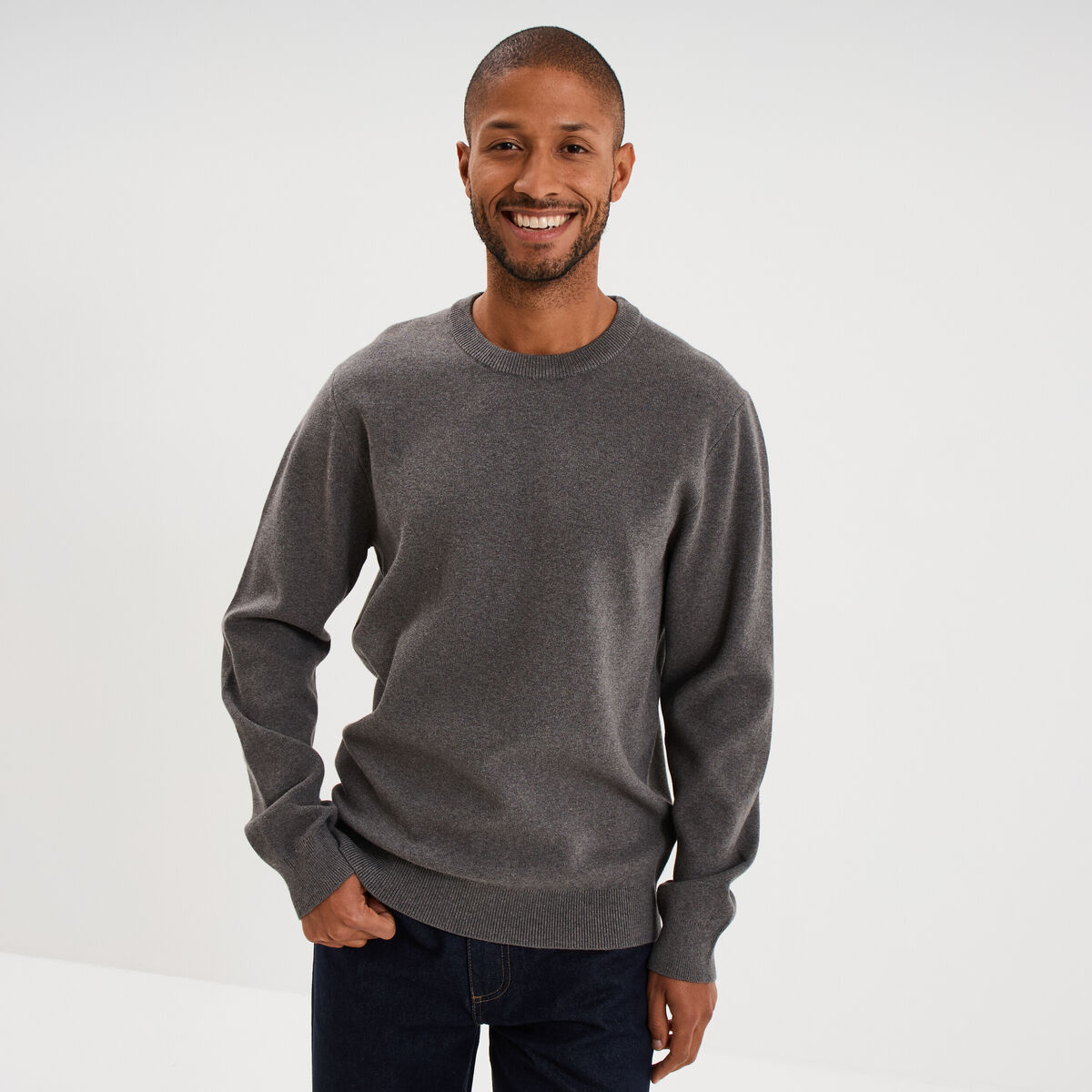 Pull col rond manches longues gris homme