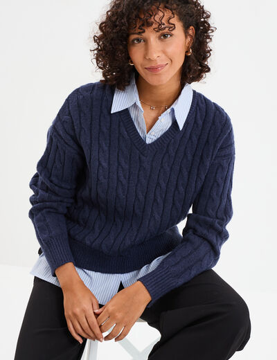 Pull torsades effet 2-en-1 chemise bleu marine femme