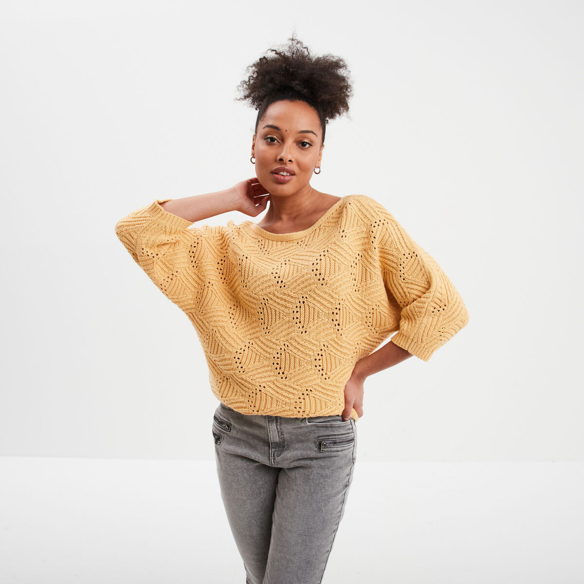 Pull ajour&eacute; manches 3/4 Liberto jaune clair femme