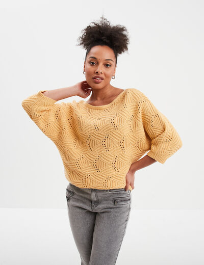Pull ajouré manches 3/4 Liberto jaune clair femme