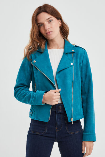Veste esprit biker effet suédine bleu canard femme
