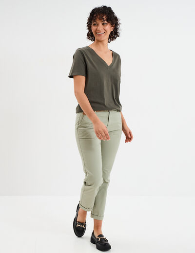 T-shirt manches courtes col en V coton vert kaki femme