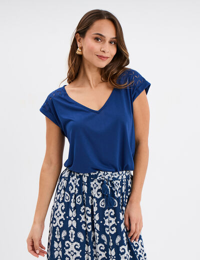 T-shirt col en V ajour&eacute; &eacute;paules et dos bleu marine femme