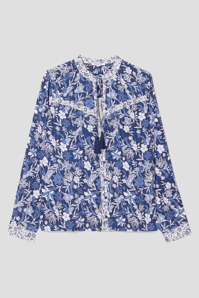 Chemise col cordons à pampilles bleu marine femme