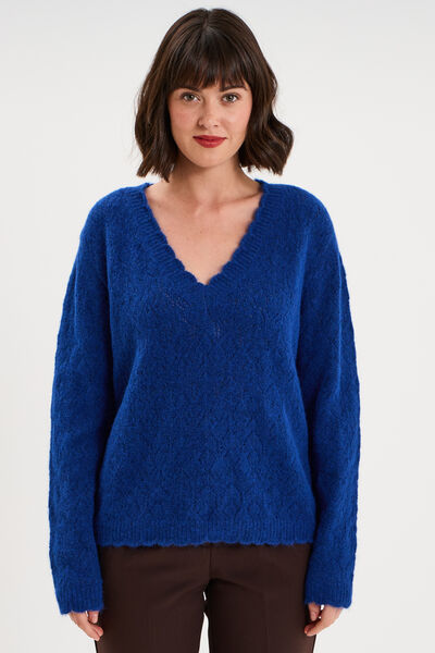 Pull col V ajour&eacute; manches longues bleu roi femme