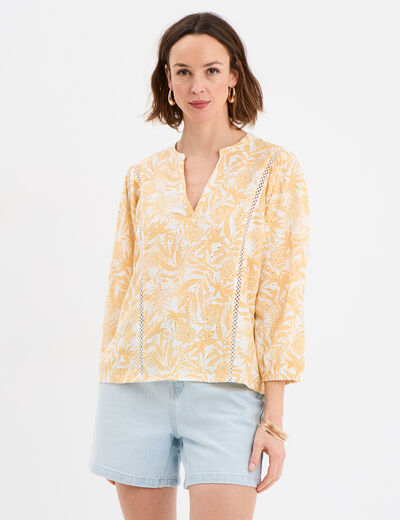 T-shirt ajouré manches 3/4 col en V ecru femme