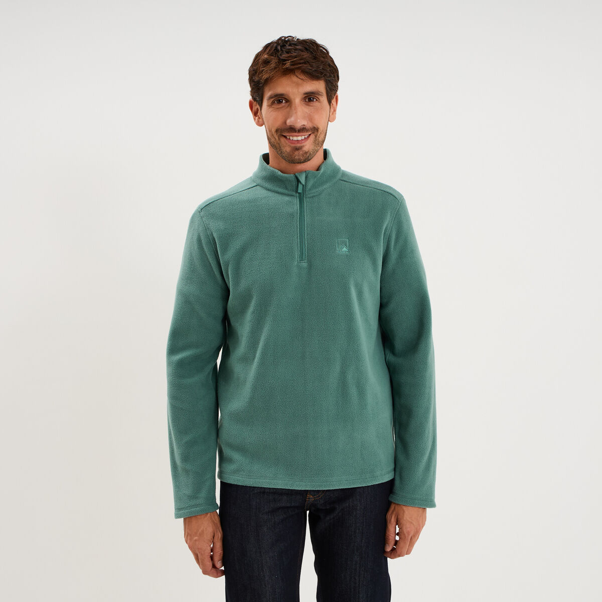 Sweat polaire col camionneur vert fonc&eacute; homme