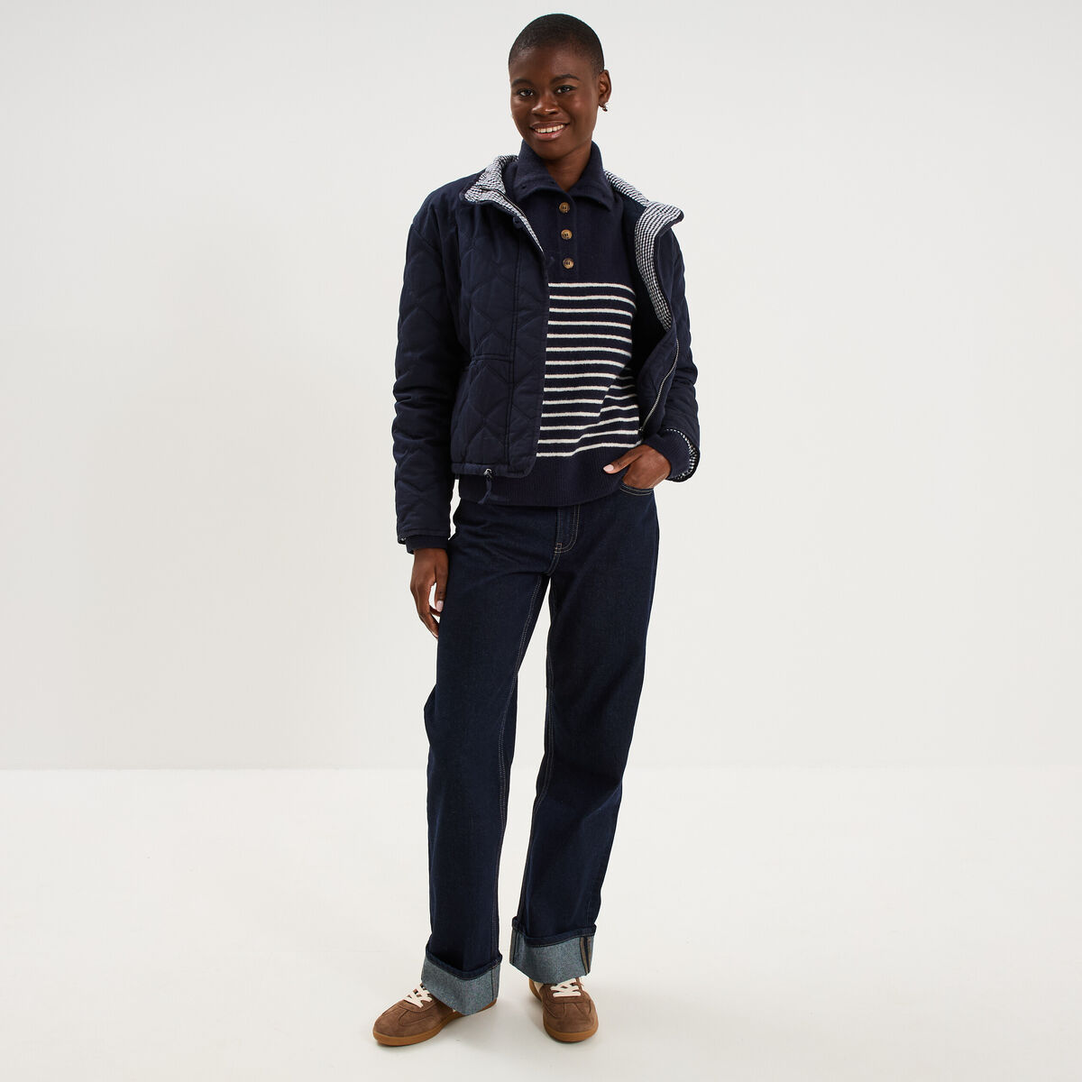 Pull col camionneur manches longues bleu marine femme