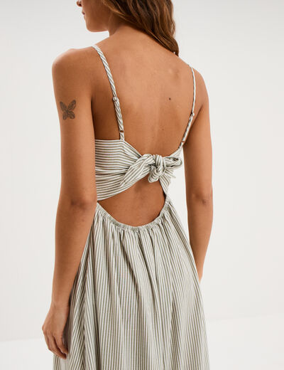 Robe longue buste smock&eacute; lin m&eacute;lang&eacute; blanc femme
