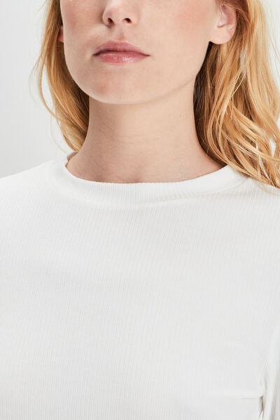 T-shirt côtelé manches longues blanc femme