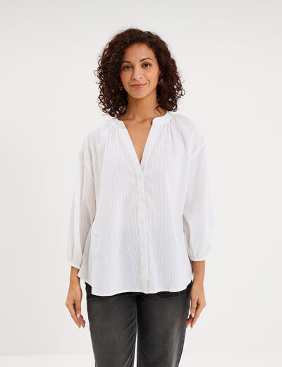 Blouse col tunisien manches 3/4 coton blanc femme