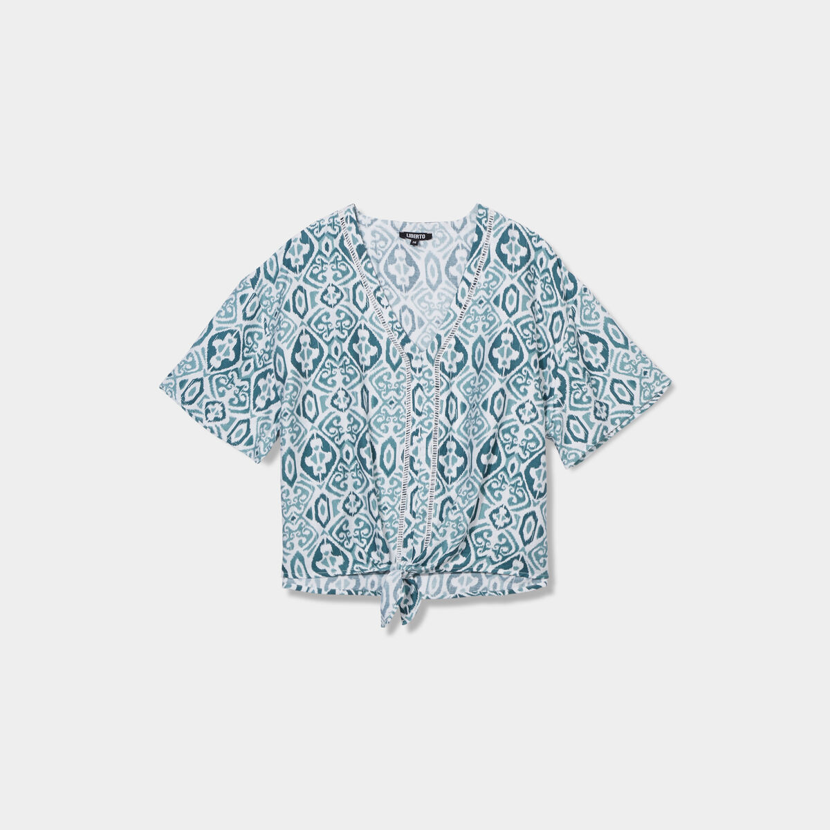 Blouse manches courtes détail noeud vert foncé femme