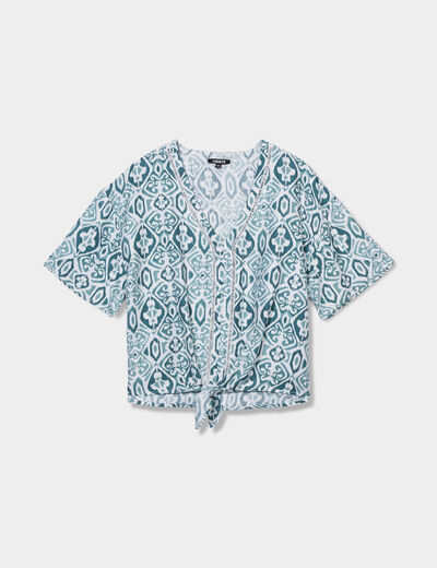 Blouse manches courtes détail noeud vert foncé femme