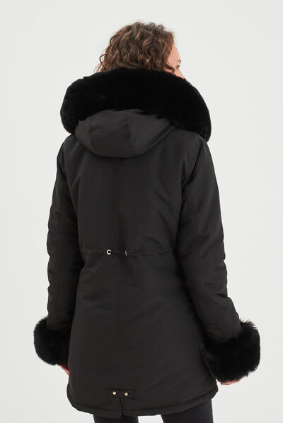 Parka fourrure capuche et poignets noir femme