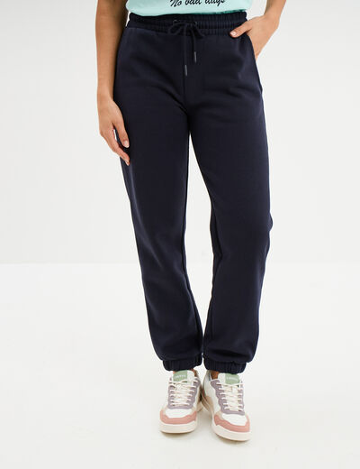 Pantalon jogging droit molleton bleu foncé femme