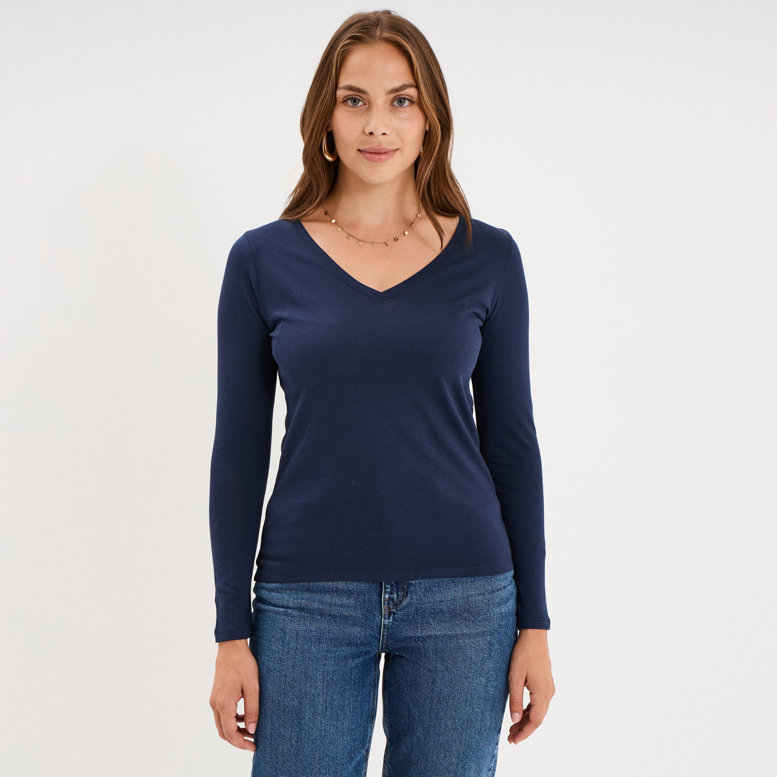 T-shirt col en V manches longues coton bleu marine femme LH