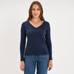 T-shirt col en V manches longues coton bleu marine femme