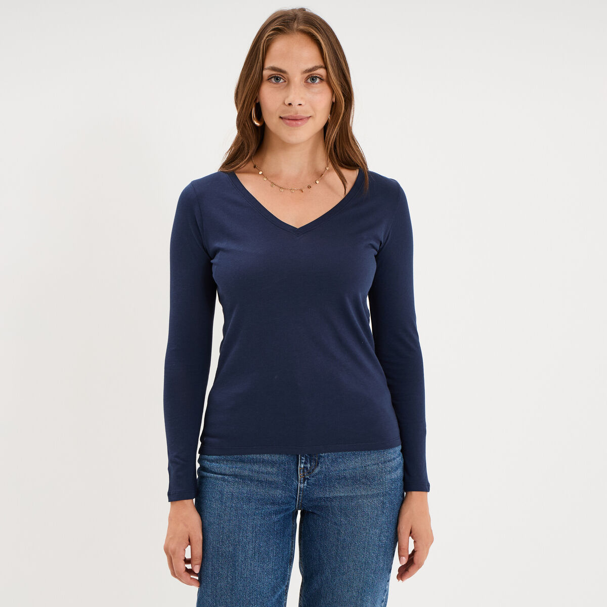 T-shirt col en V manches longues coton bleu marine femme
