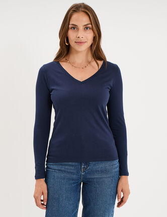 T-shirt col en V manches longues coton bleu marine femme
